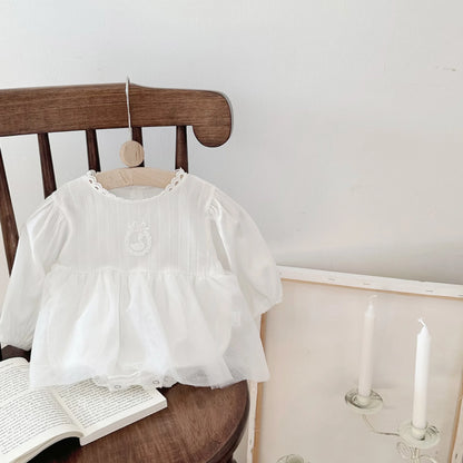 -ベビーロンパース 長袖スカートボディスーツ レース スワンワンポイント ホワイト - mamahalo shop - 長袖ロンパース -  べビー服 - 子供服 - 男の子 - 女の子