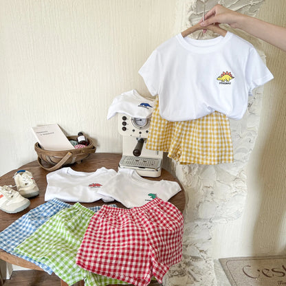 -キッズセットアップ 2点セット 半袖Tシャツ+チェックショートパンツ ダイナソー恐竜プリント 4カラー【mh0005509】 - mamahalo shop - ベビー服セット -  べビー服 - 子供服 - 男の子 - 女の子