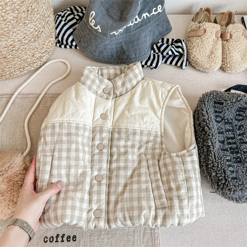 -キッズベスト アウター チェック ジャケット ブルー ネージュ 2カラー ボーイズ 男の子 子供服 - mamahalo shop - ベスト -  べビー服 - 子供服 - 男の子 - 女の子
