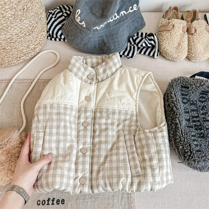 -キッズベスト アウター チェック ジャケット ブルー ネージュ 2カラー ボーイズ 男の子 子供服 - mamahalo shop - ベスト -  べビー服 - 子供服 - 男の子 - 女の子