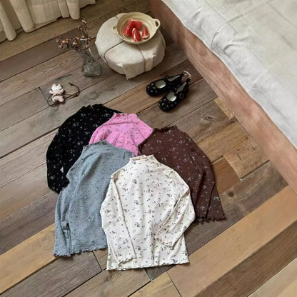 -キッズトップス フリルボトルネックフラワープリント長袖Tシャツ 5カラー【mh0007159】 - mamahalo shop - 長袖Tシャツ -  べビー服 - 子供服 - 男の子 - 女の子