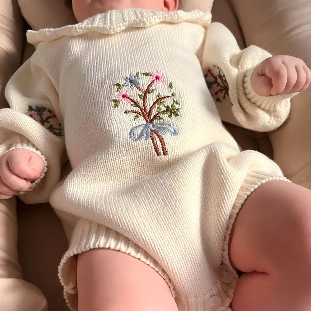 -ベビーロンパース 長袖ニットボディスーツ フラワー花柄刺繍 フリルサークル襟 4カラー【mh0004189】 - mamahalo shop - 長袖ロンパース -  べビー服 - 子供服 - 男の子 - 女の子