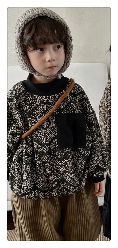 -キッズスウェットシャツ 裏ボアフリース ボヘミアン柄 幾何学 フラワープリント トレーナー ハーフタートルネック スタンドカラー ブラック コーヒー 2カラー ユニセックス 男の子 女の子 子供服 - mamahalo shop - トレーナー・フーディ -  べビー服 - 子供服 - 男の子 - 女の子