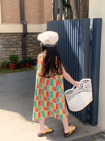 -キッズセットアップ 2点セット/ワンピース ボーイズ半袖シャツ+ショートパンツ/ガールズノースリーブワンピース カラフルチェックストライプ リンクコーデ 兄弟姉妹 お揃いコーデ - mamahalo shop - 半袖セットアップ -  べビー服 - 子供服 - 男の子 - 女の子