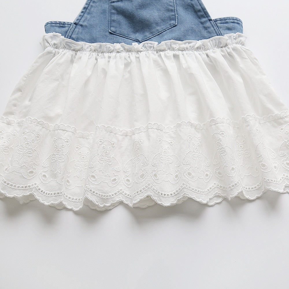 -ベビー デニム サスペンダー レース スカート ドッキング ワンピース ガールズ - mamahalo shop - ノースリーブワンピース -  べビー服 - 子供服 - 男の子 - 女の子