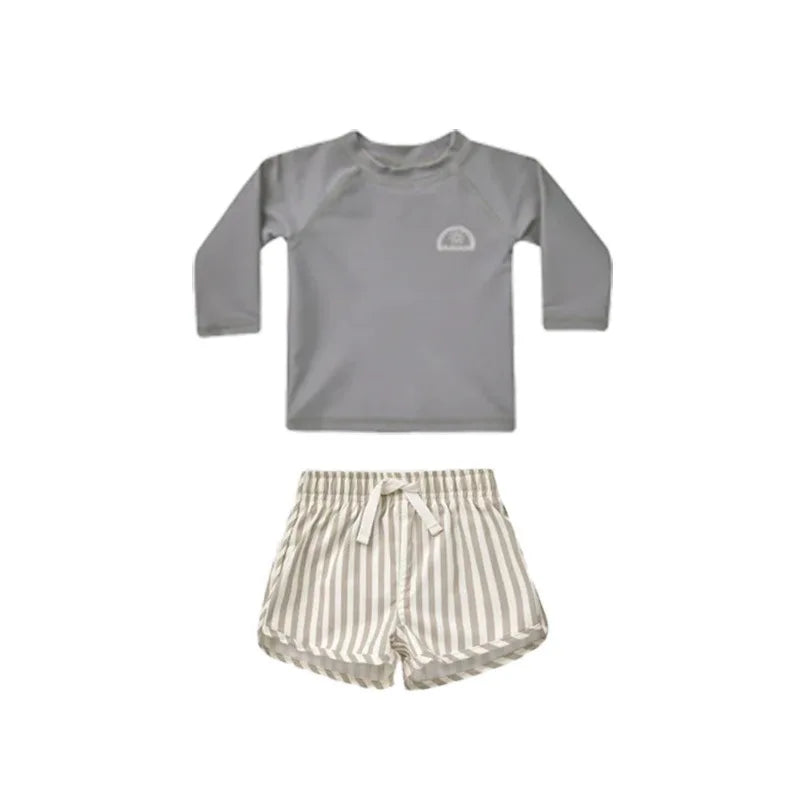 -キッズ水着 ボーイズ 長袖 セパレート トップス+パンツ ストライプ/チェック スイムウェア【mh0005994】 - mamahalo shop - ベビー用水着 -  べビー服 - 子供服 - 男の子 - 女の子