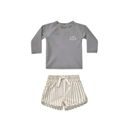 -キッズ水着 ボーイズ 長袖 セパレート トップス+パンツ ストライプ/チェック スイムウェア【mh0005994】 - mamahalo shop - ベビー用水着 -  べビー服 - 子供服 - 男の子 - 女の子