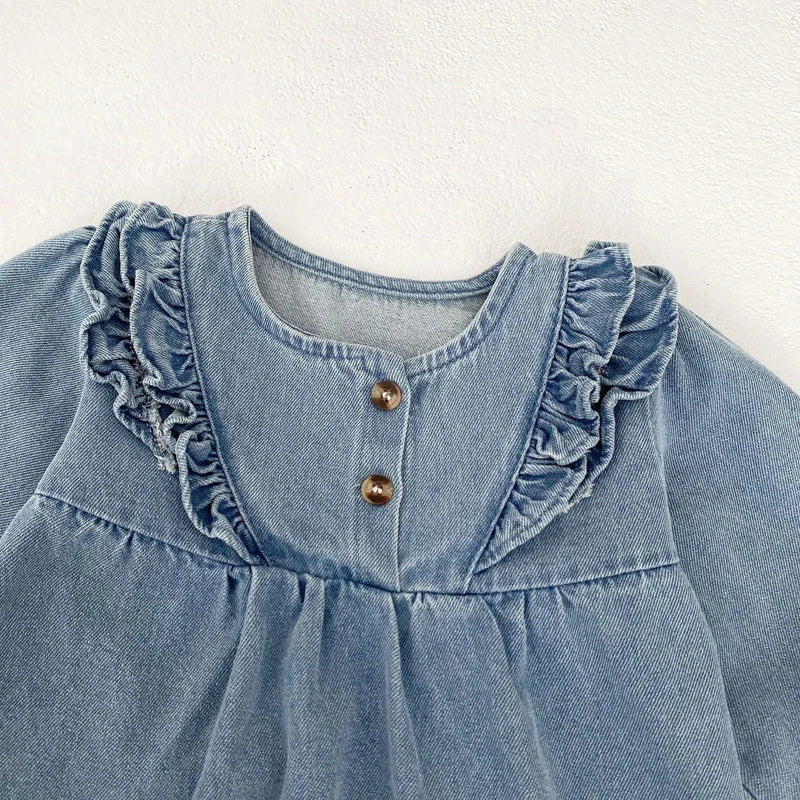 -キッズワンピース デニムフリルアクセント長袖ワンピース【mh0006985】 - mamahalo shop - 長袖ワンピース -  べビー服 - 子供服 - 男の子 - 女の子