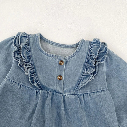 -キッズワンピース デニムフリルアクセント長袖ワンピース【mh0006985】 - mamahalo shop - 長袖ワンピース -  べビー服 - 子供服 - 男の子 - 女の子