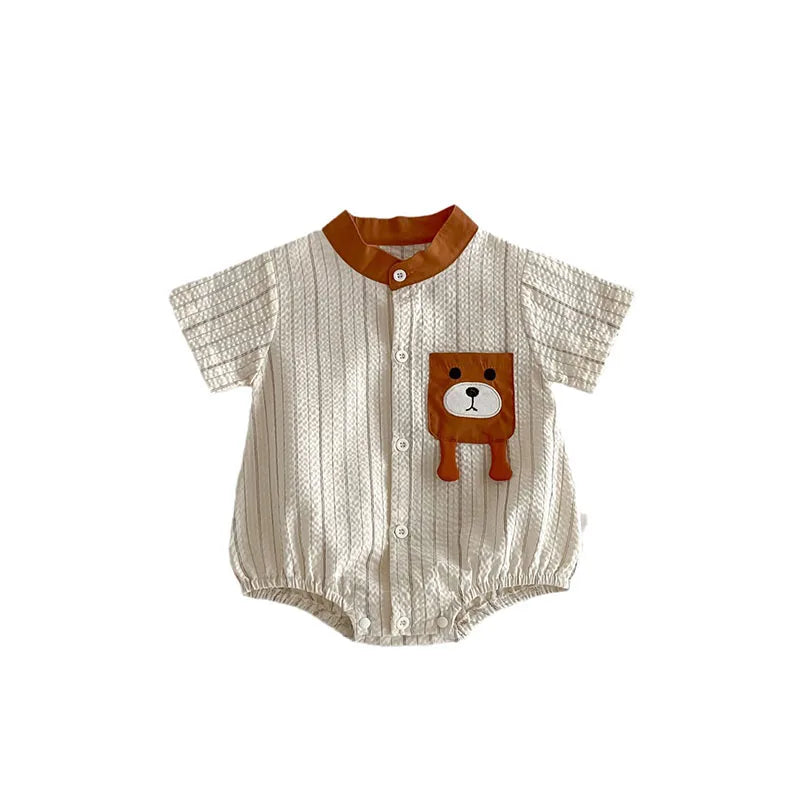 -ベビーロンパース 半袖ボディスーツ ノーカラーシャツ ベアくまポケット ストライプ【mh0006166】 - mamahalo shop - 半袖ロンパース -  べビー服 - 子供服 - 男の子 - 女の子
