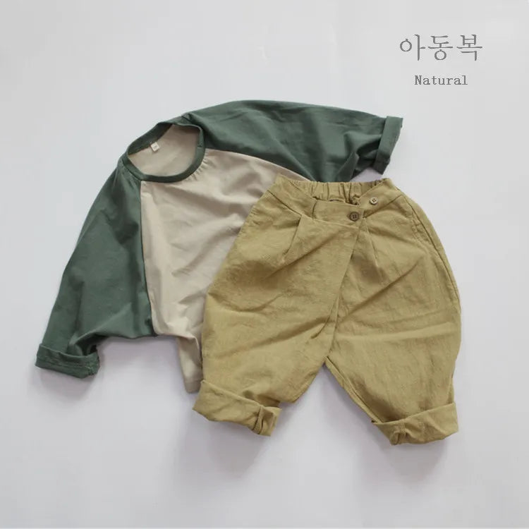 -キッズトップス 長袖Tシャツ ラグランTシャツ パッチワーク レッド グリーン 2カラー - mamahalo shop - 長袖Tシャツ -  べビー服 - 子供服 - 男の子 - 女の子