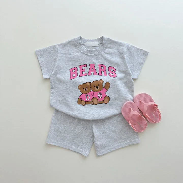 -キッズセットアップ 2点セット 半袖Tシャツ+ショートパンツ レターロゴベアくまプリント 3カラー【mh0005575】 - mamahalo shop - 半袖セットアップ -  べビー服 - 子供服 - 男の子 - 女の子