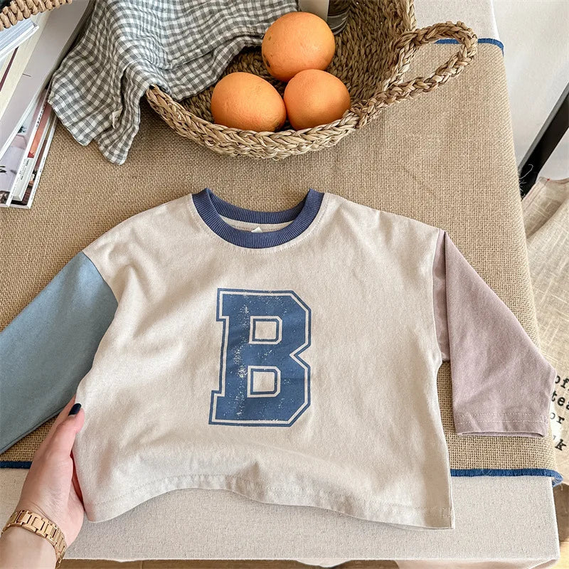 -キッズトップス 長袖Tシャツ パッチワーク レターロゴプリント 2カラー【mh0000606】 - mamahalo shop - 長袖Tシャツ -  べビー服 - 子供服 - 男の子 - 女の子