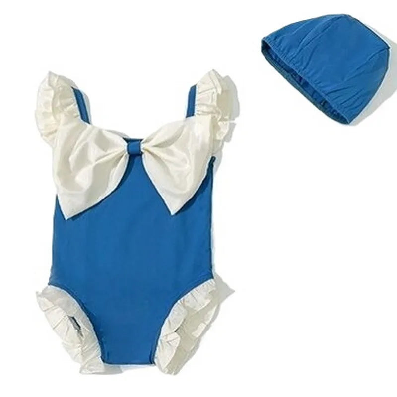-キッズ水着 ガールズ ワンピース+帽子セット ビッグリボン スイムウェア 2カラー【mh0005977】 - mamahalo shop - ベビー用水着 -  べビー服 - 子供服 - 男の子 - 女の子