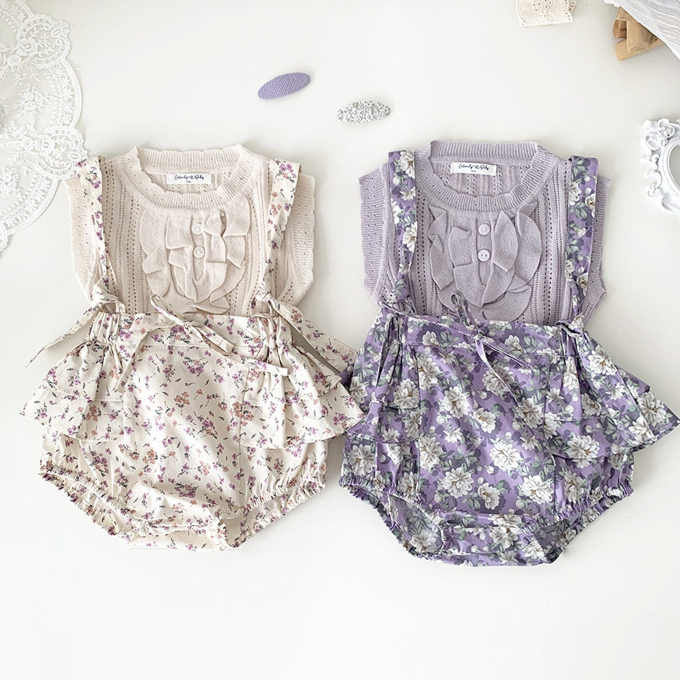 -ベビー フラワー 花柄 ラッフル フリル サスペンダー ブルマ パンツ アプリコットベージュ パープル ガールズ - mamahalo shop - ブルマパンツ -  べビー服 - 子供服 - 男の子 - 女の子