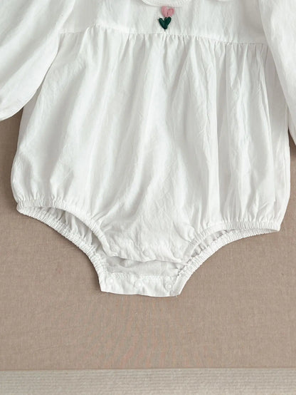 -ベビーロンパース ヘアバンドセット 長袖サークル襟ボディスーツ+リボンヘアバンド ホワイト【mh0004697】 - mamahalo shop - 長袖ロンパース -  べビー服 - 子供服 - 男の子 - 女の子