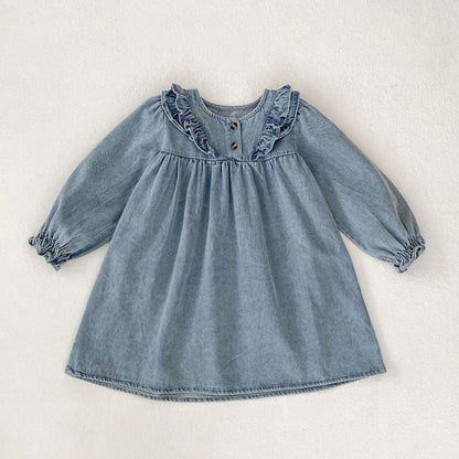 -キッズワンピース デニムフリルアクセント長袖ワンピース【mh0006985】 - mamahalo shop - 長袖ワンピース -  べビー服 - 子供服 - 男の子 - 女の子