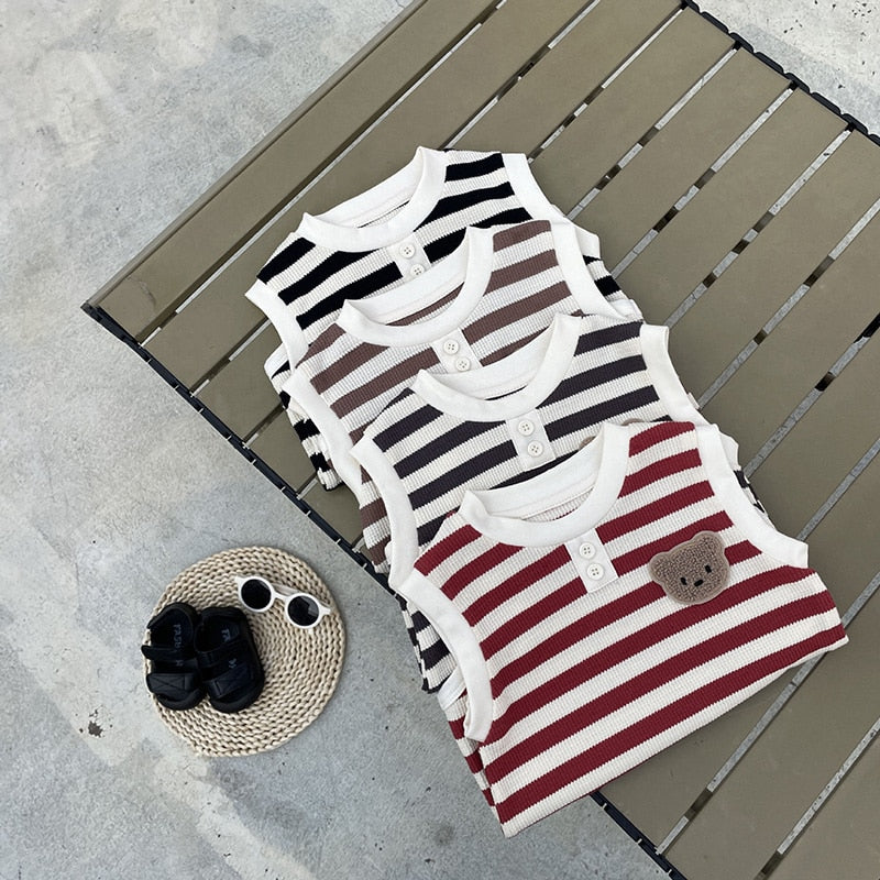 -ベビー ワッフル ボーダー くま ベア ワッペン ノースリーブ ロンパース 4カラー ユニセックス【mh0002070】 - mamahalo shop - ノースリーブロンパース -  べビー服 - 子供服 - 男の子 - 女の子