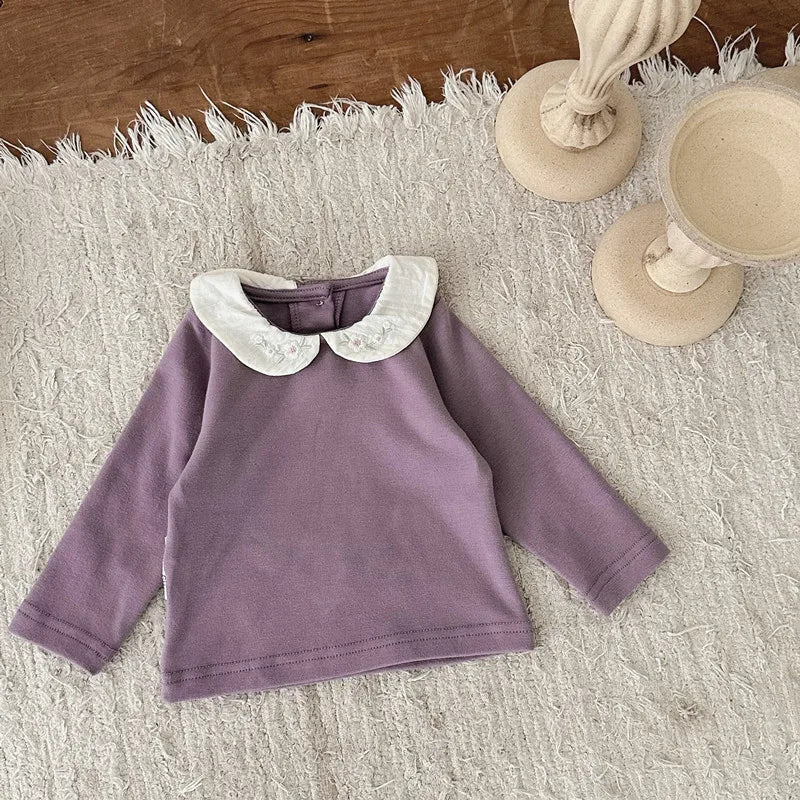 -ベビートップス フラワー刺繍丸襟長袖Tシャツブラウス 2カラー【mh0006702】 - mamahalo shop - 長袖Tシャツ -  べビー服 - 子供服 - 男の子 - 女の子