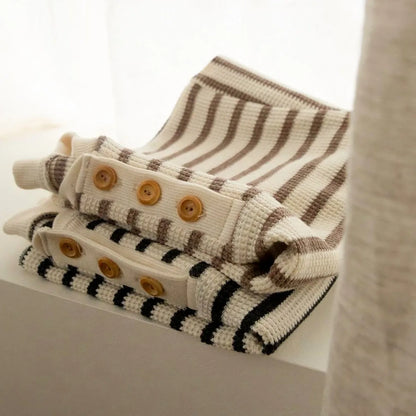 -ベビーロンパース ワッフル 長袖ジャンプスーツ ボーダー柄 帽子セット - mamahalo shop - 長袖ロンパース -  べビー服 - 子供服 - 男の子 - 女の子