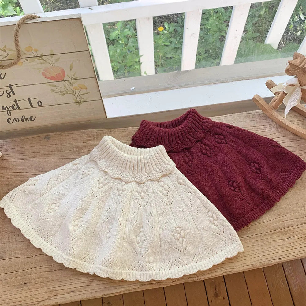 -キッズ ニットショール ポンチョ ハイネック ベージュ ダークレッド 2カラー ガールズ 女の子 子供服 - mamahalo shop - ショール -  べビー服 - 子供服 - 男の子 - 女の子