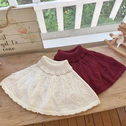 -キッズ ニットショール ポンチョ ハイネック ベージュ ダークレッド 2カラー ガールズ 女の子 子供服 - mamahalo shop - ショール -  べビー服 - 子供服 - 男の子 - 女の子