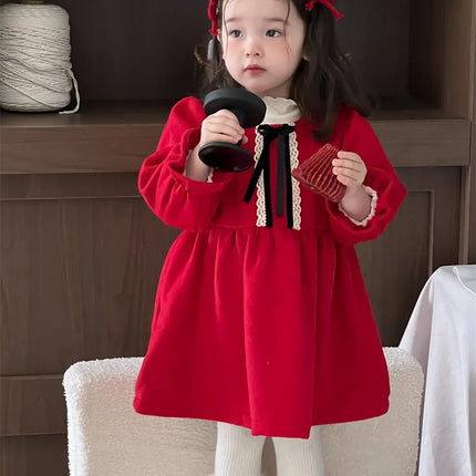 ベビーワンピース レースリボンフリルフリース長袖ワンピース - mamahalo shop - 長袖ワンピース -  べビー服 - 子供服 - 男の子 - 女の子