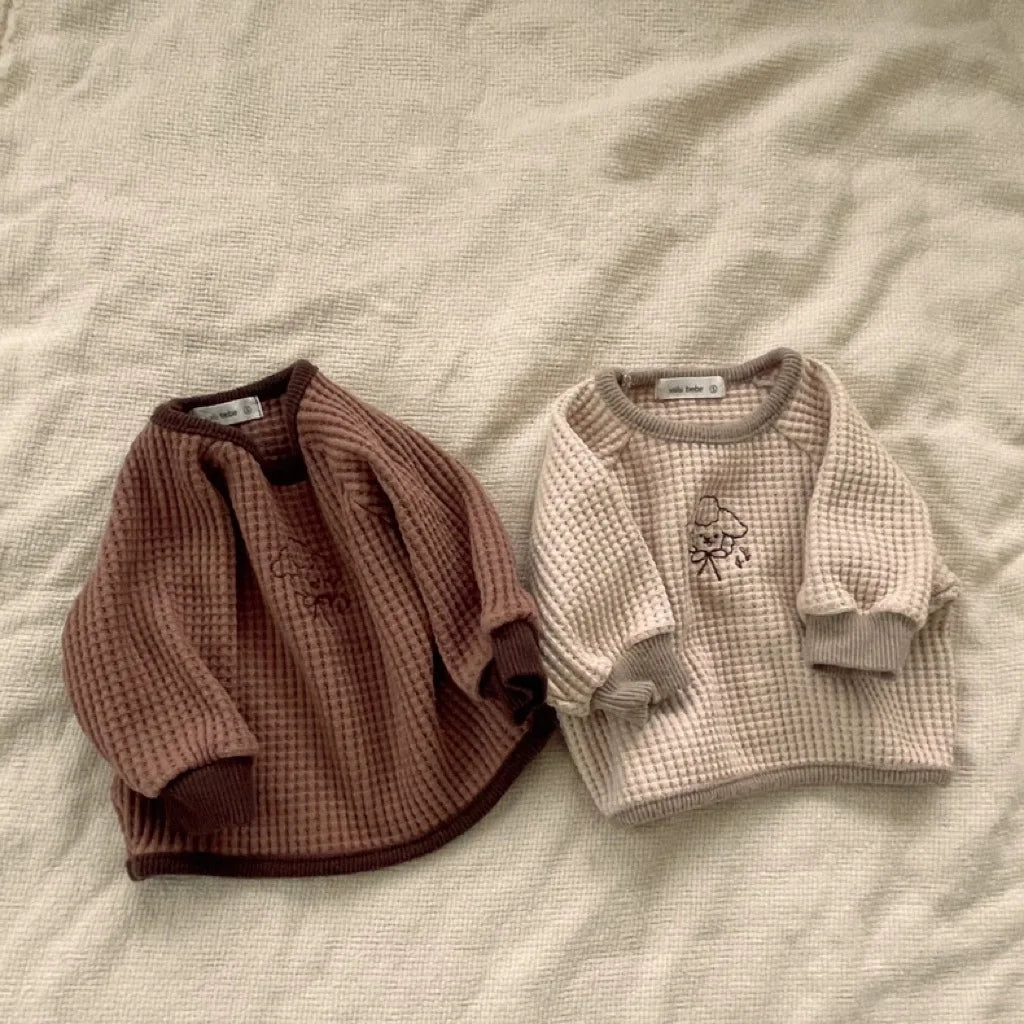 -ベビートップス ワッフル 長袖Tシャツ ベージュ ブラウン 2カラー - mamahalo shop - 長袖Tシャツ -  べビー服 - 子供服 - 男の子 - 女の子