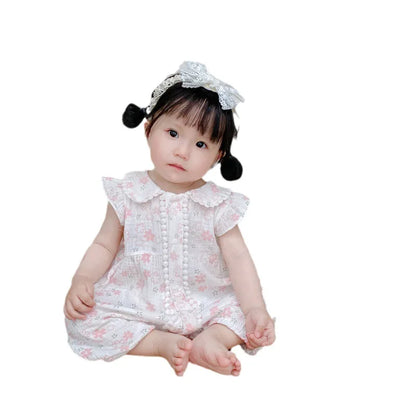 -ベビーロンパース 半袖フリルジャンプスーツ フラワー花柄プリント ヘアバンドセット【mh0005321】 - mamahalo shop - 半袖ロンパース -  べビー服 - 子供服 - 男の子 - 女の子