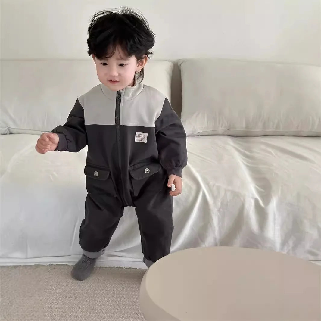-ベビージャンプスーツ パッチワーク切り替えジップアップ長袖ジャンプスーツつなぎ グレー - mamahalo shop - 長袖ジャンプスーツ -  べビー服 - 子供服 - 男の子 - 女の子