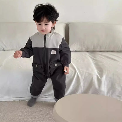 -ベビージャンプスーツ パッチワーク切り替えジップアップ長袖ジャンプスーツつなぎ グレー - mamahalo shop - 長袖ジャンプスーツ -  べビー服 - 子供服 - 男の子 - 女の子