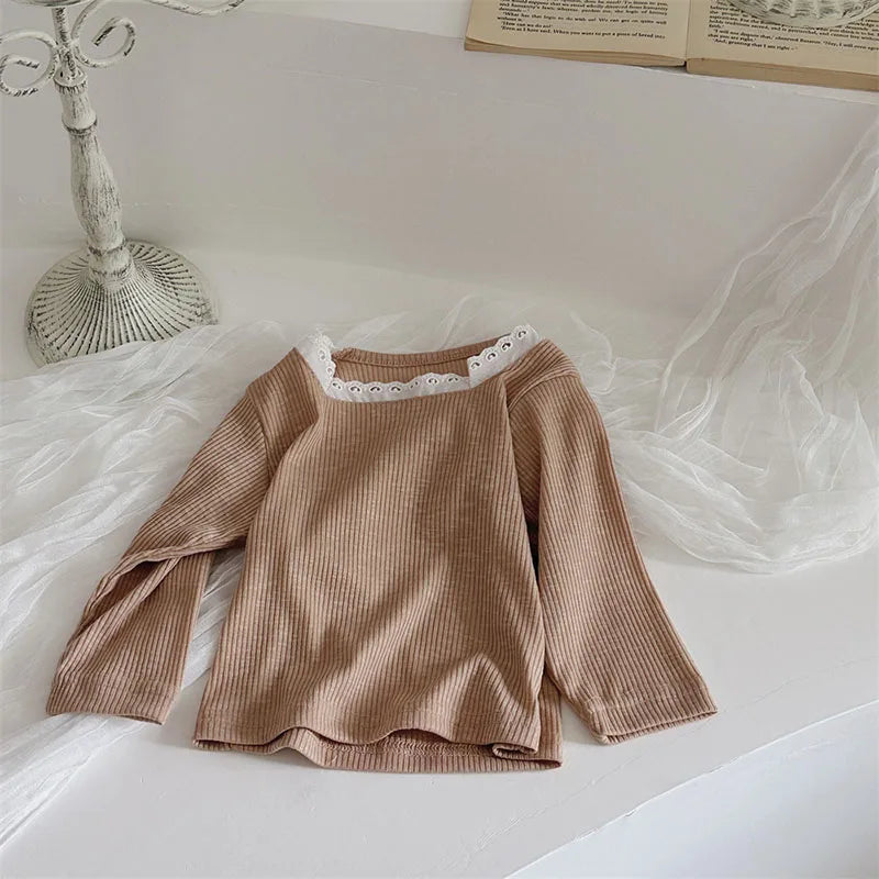 -ベビートップス レーススクエアネック長袖Tシャツカットソー 2カラー【mh0006948】 - mamahalo shop - 長袖Tシャツ -  べビー服 - 子供服 - 男の子 - 女の子