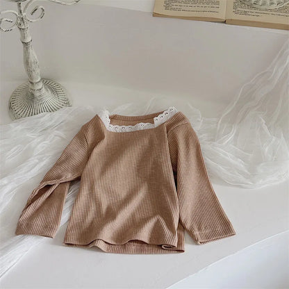 -ベビートップス レーススクエアネック長袖Tシャツカットソー 2カラー【mh0006948】 - mamahalo shop - 長袖Tシャツ -  べビー服 - 子供服 - 男の子 - 女の子