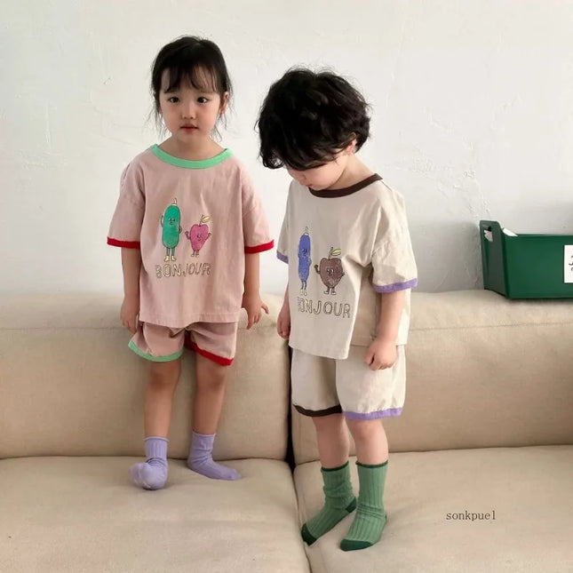 ☺︎ キッズ カラフル バイピング プリント セットアップ 半袖 ルーズ Tシャツ ショート パンツ - mamahalo shop - 半袖セットアップ -  べビー服 - 子供服 - 男の子 - 女の子