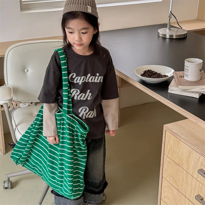 -キッズトップス 袖ドッキングレターロゴプリント長袖Tシャツ 2カラー - mamahalo shop - 長袖Tシャツ -  べビー服 - 子供服 - 男の子 - 女の子