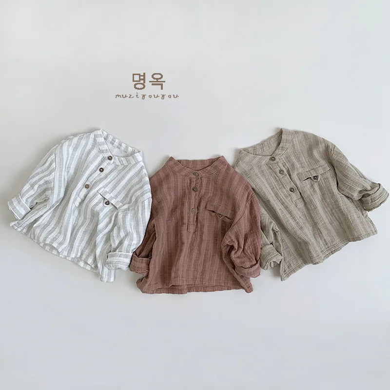 -キッズトップス 長袖スタンドカラーストライプルーズシャツ 3カラー - mamahalo shop - 長袖シャツ・ブラウス -  べビー服 - 子供服 - 男の子 - 女の子