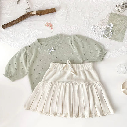 -ベビーキッズトップス レースニット 半袖パフスリーブ サマーセーター リボン 3カラー - mamahalo shop - 半袖Tシャツ -  べビー服 - 子供服 - 男の子 - 女の子