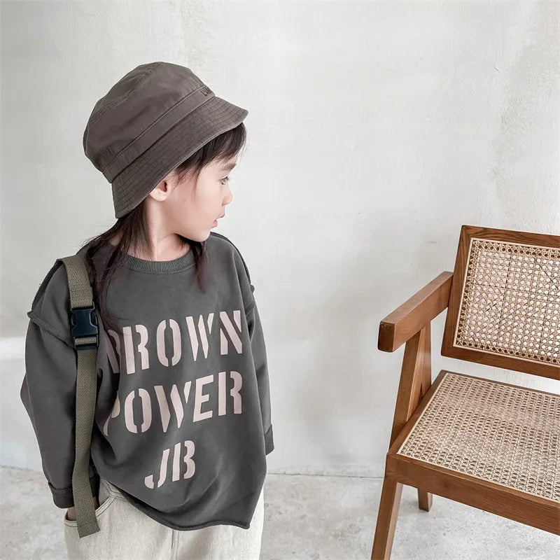 -キッズ レターロゴ スウェット ルーズ プルオーバー 長袖 Tシャツ トップス - mamahalo shop - 長袖Tシャツ -  べビー服 - 子供服 - 男の子 - 女の子