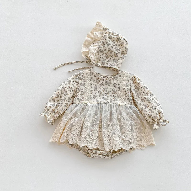 -ベビーロンパース ボンネットセット 長袖レーススカートドッキングボディスーツ 帽子セット フラワー花柄プリント【mh0006502】 - mamahalo shop - 長袖ロンパース -  べビー服 - 子供服 - 男の子 - 女の子