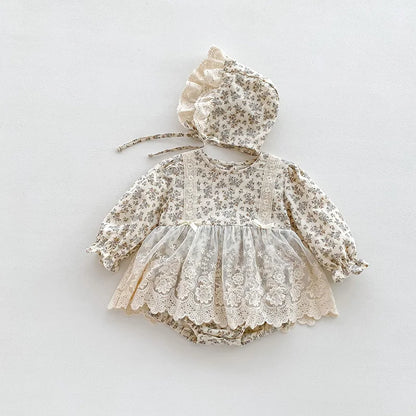 -ベビーロンパース ボンネットセット 長袖レーススカートドッキングボディスーツ 帽子セット フラワー花柄プリント【mh0006502】 - mamahalo shop - 長袖ロンパース -  べビー服 - 子供服 - 男の子 - 女の子