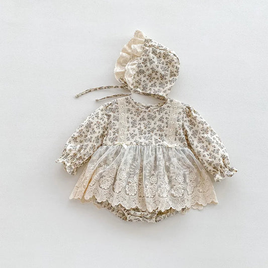 -ベビーロンパース ボンネットセット 長袖レーススカートドッキングボディスーツ 帽子セット フラワー花柄プリント【mh0006502】 - mamahalo shop - 長袖ロンパース -  べビー服 - 子供服 - 男の子 - 女の子