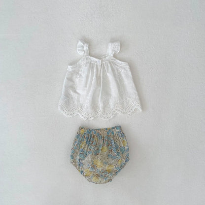 -ベビーセットアップ 2点セット ノースリーブレースチュニックブラウス+フラワープリントブルマパンツ【mh0006518】 - mamahalo shop - ノースリーブセットアップ -  べビー服 - 子供服 - 男の子 - 女の子