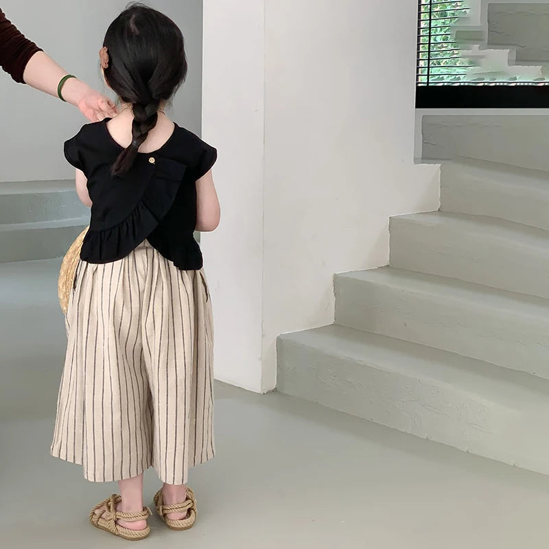 -キッズセットアップ 2点セット ノースリーブトップス+ストライプワイドルーズガウチョパンツ【mh0005789】 - mamahalo shop - ノースリーブセットアップ -  べビー服 - 子供服 - 男の子 - 女の子