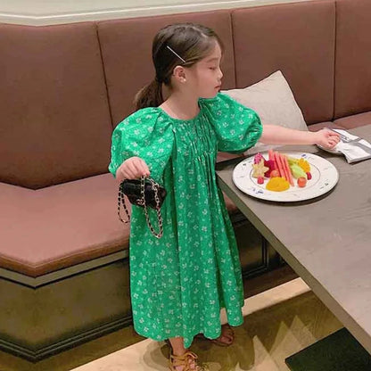 -キッズワンピース 半袖パフスリーブルーズワンピース グリーン【mh0006110】 - mamahalo shop - 半袖ワンピース -  べビー服 - 子供服 - 男の子 - 女の子