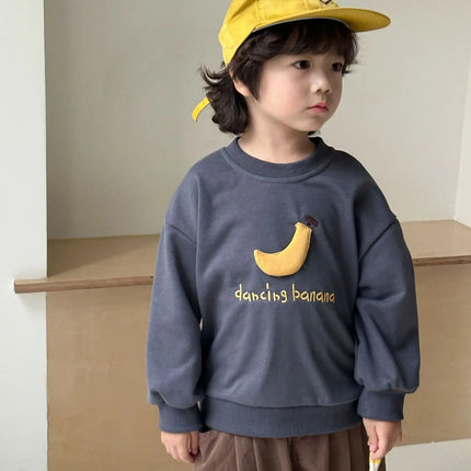 キッズトップス バナナ/りんごアップリケ長袖スウェットシャツ - mamahalo shop - 長袖Tシャツ -  べビー服 - 子供服 - 男の子 - 女の子