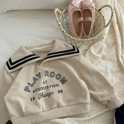 -キッズトップス セーラーカラー 長袖スウェットシャツ レターロゴプリント ベージュ/ネイビー/2カラー - mamahalo shop - 長袖Tシャツ -  べビー服 - 子供服 - 男の子 - 女の子