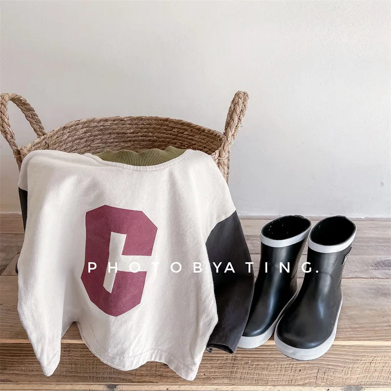 -キッズトップス 長袖Tシャツ パッチワーク レターロゴプリント 2カラー - mamahalo shop - 長袖Tシャツ -  べビー服 - 子供服 - 男の子 - 女の子