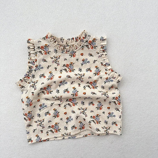 -キッズトップス スタンドフリル ノースリーブブラウス 無地/フラワー小花柄プリント - mamahalo shop - タンクトップ・キャミソール・ノースリーブトップス -  べビー服 - 子供服 - 男の子 - 女の子