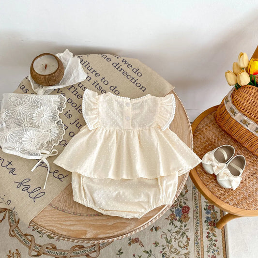 -ベビーロンパース 半袖ボディスーツ ペプラムフリルスカート アプリコット【mh0004507】 - mamahalo shop - 半袖ロンパース -  べビー服 - 子供服 - 男の子 - 女の子