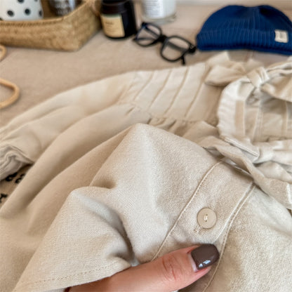 -キッズ ストライプ ピンタック リボン ルーズ 長袖 ブラウス シャツ ジャケット ガールズ - mamahalo shop - ショートコート・ジャケット・ジャンパー -  べビー服 - 子供服 - 男の子 - 女の子